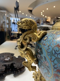An impressive Chinese cloisonn&eacute; 'dragon' censer and cover on wooden stand, Qianlong mark and of the period
