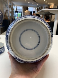 Two Chinese blue and white 'peonies' and 'peonies and antiquities' jars and covers, 19th C.