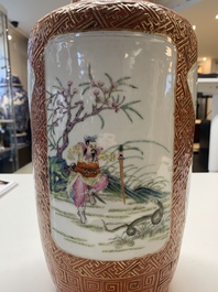 A Chinese famille rose coral-red-ground vase and a famille verte vase, 19th C.