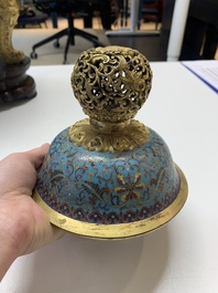 An impressive Chinese cloisonn&eacute; 'dragon' censer and cover on wooden stand, Qianlong mark and of the period