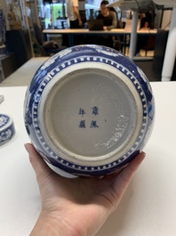 Two Chinese blue and white 'peonies' and 'peonies and antiquities' jars and covers, 19th C.