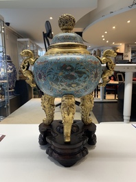 An impressive Chinese cloisonn&eacute; 'dragon' censer and cover on wooden stand, Qianlong mark and of the period
