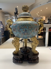 An impressive Chinese cloisonn&eacute; 'dragon' censer and cover on wooden stand, Qianlong mark and of the period