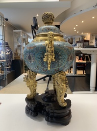 An impressive Chinese cloisonn&eacute; 'dragon' censer and cover on wooden stand, Qianlong mark and of the period