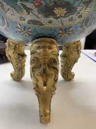 An impressive Chinese cloisonn&eacute; 'dragon' censer and cover on wooden stand, Qianlong mark and of the period