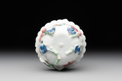A Chinese famille rose 'rooster' teapot with applied floral design and a cup, Yongzheng/Qianlong