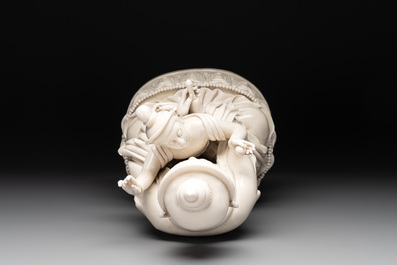 A Chinese Dehua blanc de Chine group of the seated Buddha Vajrasattva and Shakti on a lotus throne, 20th C.