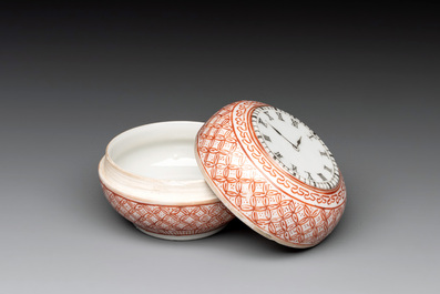 A rare Chinese grisaille and iron-red &lsquo;pocketwatch&rsquo; box and cover, Jiaqing