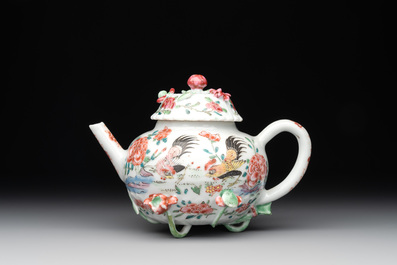 A Chinese famille rose 'rooster' teapot with applied floral design and a cup, Yongzheng/Qianlong