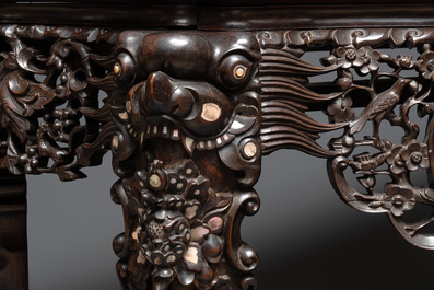 A finely carved Chinese hongmu console table with marble top and mother-of-pearl inlay, Canton, 19th C.