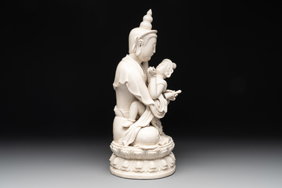 A Chinese Dehua blanc de Chine group of the seated Buddha Vajrasattva and Shakti on a lotus throne, 20th C.