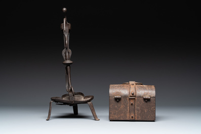 A wrought iron candle holder and a casket, possibly France and Nuremberg, 16/18th C.