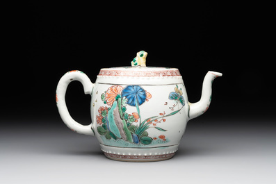 A Chinese famille verte drum-shaped 'lotus pond' teapot, Kangxi
