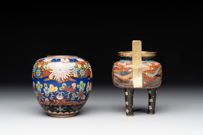 A Japanese cloisson&eacute; jar with floral design and a 'phoenix' tripod censer, 20th C.