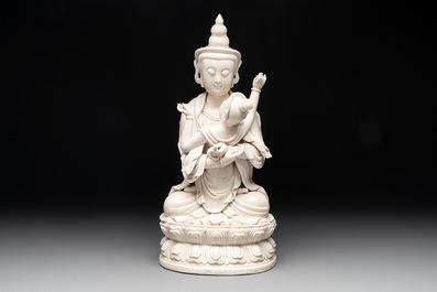 A Chinese Dehua blanc de Chine group of the seated Buddha Vajrasattva and Shakti on a lotus throne, 20th C.