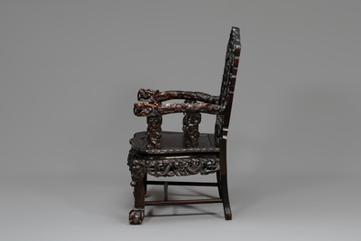 A pair of Chinese finely carved hongmu armchairs, Canton, 19th C.