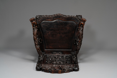 A pair of Chinese finely carved hongmu armchairs, Canton, 19th C.