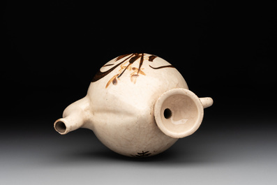 A Chinese Cizhou peach-shaped 'Lian Zhong San Yuan 連仲三元' ewer, Yuan/Ming