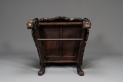 A pair of Chinese finely carved hongmu armchairs, Canton, 19th C.