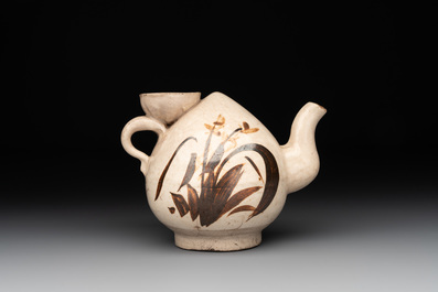 A Chinese Cizhou peach-shaped 'Lian Zhong San Yuan 連仲三元' ewer, Yuan/Ming