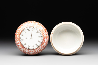 A rare Chinese grisaille and iron-red &lsquo;pocketwatch&rsquo; box and cover, Jiaqing