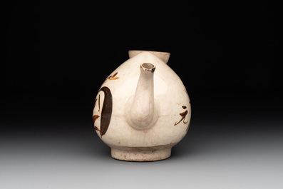 A Chinese Cizhou peach-shaped 'Lian Zhong San Yuan 連仲三元' ewer, Yuan/Ming