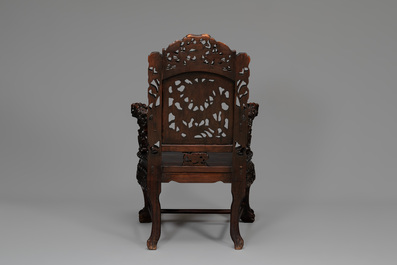 A pair of Chinese finely carved hongmu armchairs, Canton, 19th C.