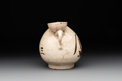 A Chinese Cizhou peach-shaped 'Lian Zhong San Yuan 連仲三元' ewer, Yuan/Ming