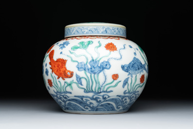 A Chinese doucai 'lotus pond with carps' jar and cover, tian 天 mark, 19/20th C.