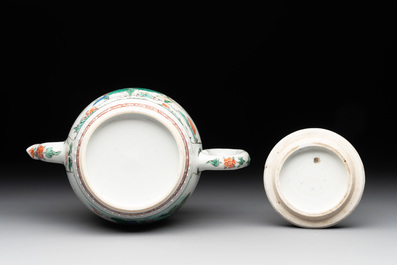 A Chinese famille verte drum-shaped 'lotus pond' teapot, Kangxi