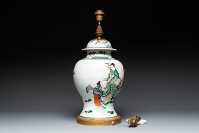 A Chinese famille verte vase and cover mounted as a lamp, 19th C.
