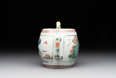 A Chinese famille verte drum-shaped 'lotus pond' teapot, Kangxi