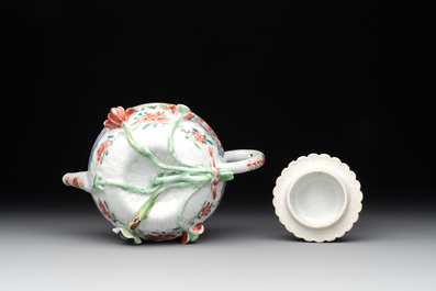 A Chinese famille rose 'rooster' teapot with applied floral design and a cup, Yongzheng/Qianlong