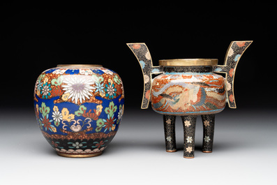 A Japanese cloisson&eacute; jar with floral design and a 'phoenix' tripod censer, 20th C.