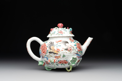 A Chinese famille rose 'rooster' teapot with applied floral design and a cup, Yongzheng/Qianlong