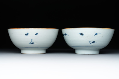 Six Chinese blue and white shipwreck bowls and three covered boxes from the Hatcher and Nanking cargo, Transitional period and Qianlong