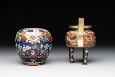 A Japanese cloisson&eacute; jar with floral design and a 'phoenix' tripod censer, 20th C.