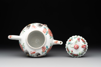 A Chinese famille rose 'rooster' teapot with applied floral design and a cup, Yongzheng/Qianlong