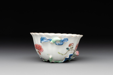 A Chinese famille rose 'rooster' teapot with applied floral design and a cup, Yongzheng/Qianlong