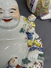 Two Chinese famille rose Milefo Buddhas, Zhu Mao Ji Zao 朱茂記造 and Zhu Yitai 朱義泰 mark, Republic