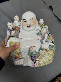 Two Chinese famille rose Milefo Buddhas, Zhu Mao Ji Zao 朱茂記造 and Zhu Yitai 朱義泰 mark, Republic