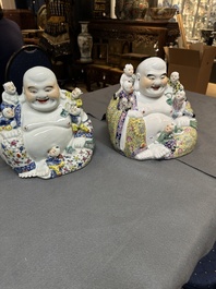 Two Chinese famille rose Milefo Buddhas, Zhu Mao Ji Zao 朱茂記造 and Zhu Yitai 朱義泰 mark, Republic