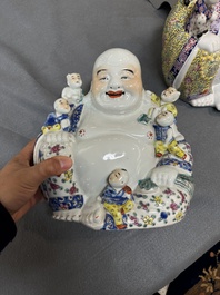 Two Chinese famille rose Milefo Buddhas, Zhu Mao Ji Zao 朱茂記造 and Zhu Yitai 朱義泰 mark, Republic