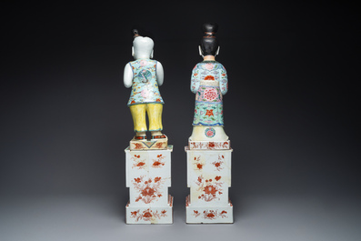 A pair of large Chinese famille rose figures on stands, Qianlong