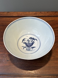 A Chinese blue and white 'mandarin ducks in a lotus pond' bowl, Chenghua mark, Wanli