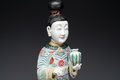 A pair of large Chinese famille rose figures on stands, Qianlong