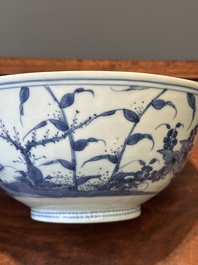 A Chinese blue and white 'mandarin ducks in a lotus pond' bowl, Chenghua mark, Wanli