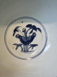 A Chinese blue and white 'mandarin ducks in a lotus pond' bowl, Chenghua mark, Wanli