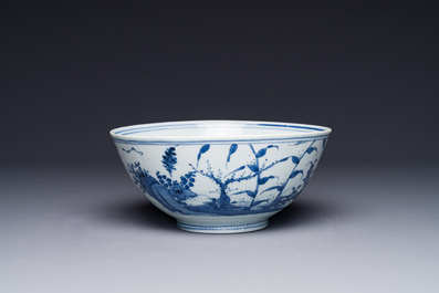 A Chinese blue and white 'mandarin ducks in a lotus pond' bowl, Chenghua mark, Wanli