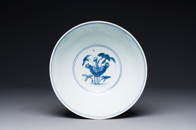 A Chinese blue and white 'mandarin ducks in a lotus pond' bowl, Chenghua mark, Wanli